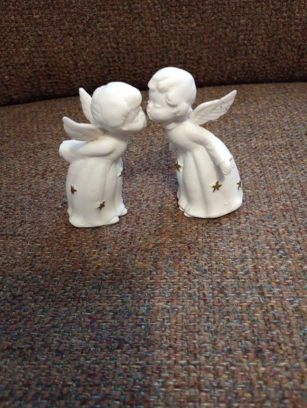 Vintage White Bisque Kissing Angel Figurine Pair with Gold Stars Made In Japan